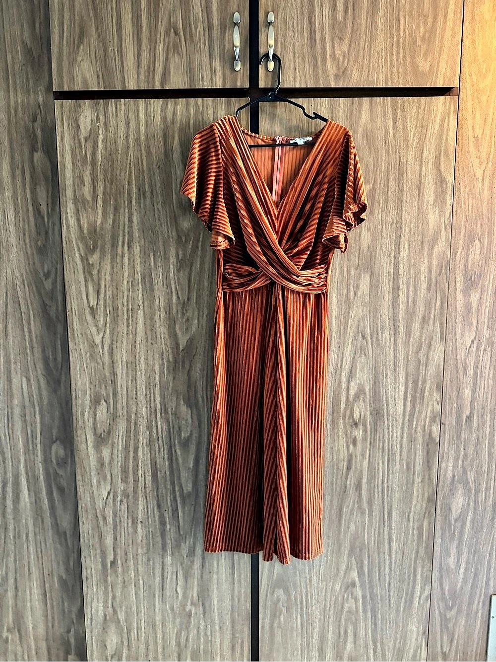 She + Sky Wide Leg Romper In Rust Color With Corduroy Texture Pleated Bodice